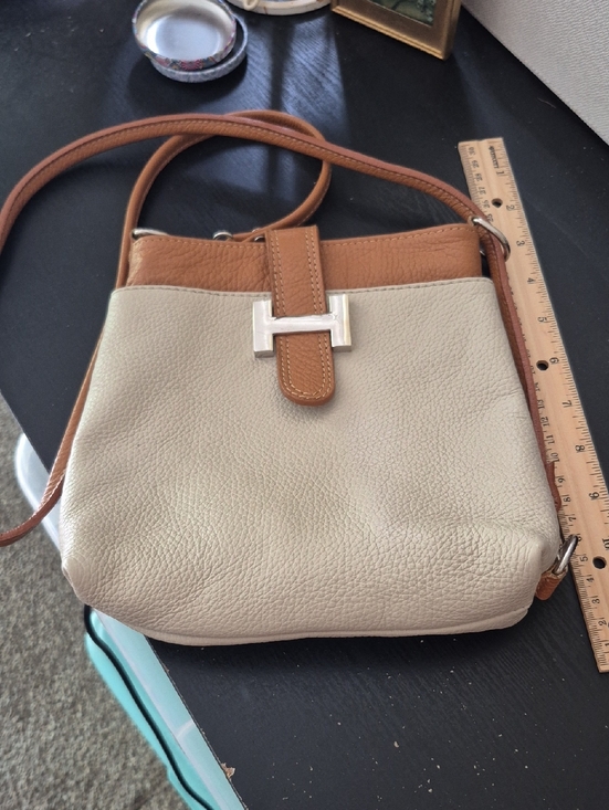 Handbags - Leather Crossbody Bag in Cream and Tan - Classic Two-Tone Style, Leather.